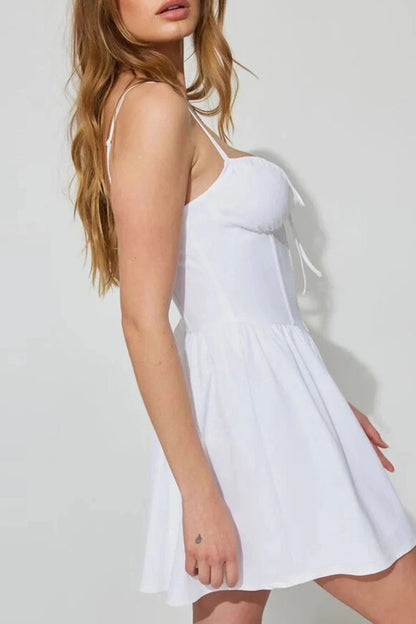 Printed Mini Dress with Spaghetti Straps and Tie-Up Detail