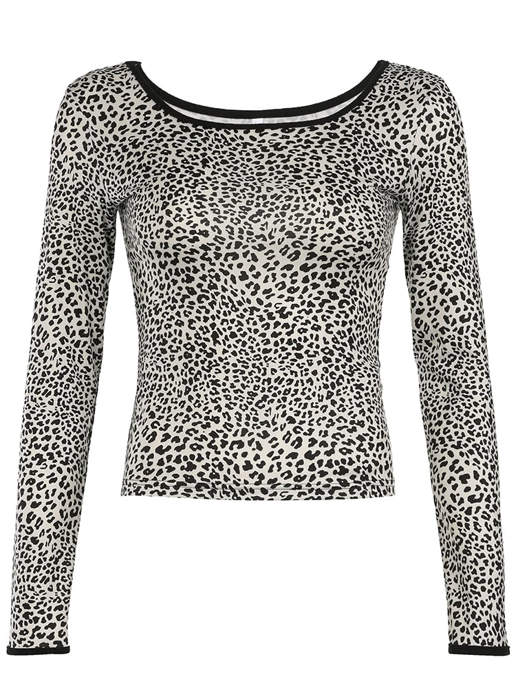 Contrast Binding Leopard Long Sleeve Tees O Neck Slim American Retro Casual Spring Autumn T Shirts