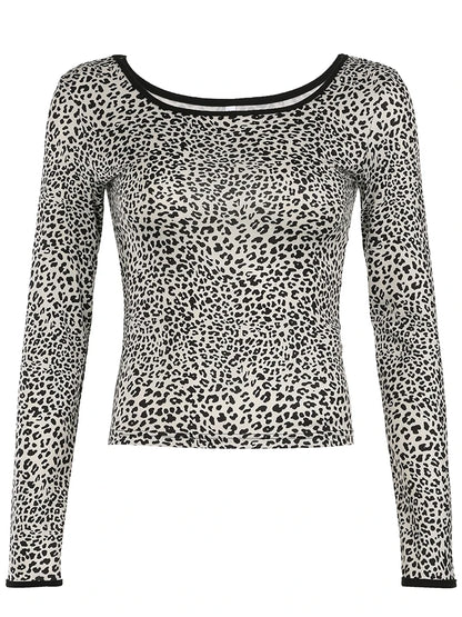 Contrast Binding Leopard Long Sleeve Tees O Neck Slim American Retro Casual Spring Autumn T Shirts