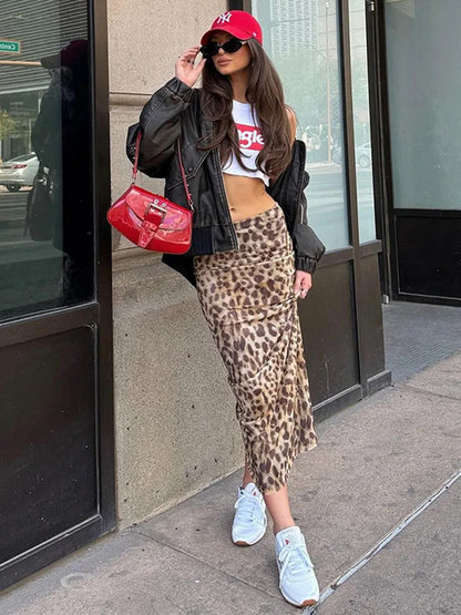 Leopard Print Maxi Skirt Women's Summer Slim Fashion Patchwork High Waist Streetwear Party Maxi Dress Elegant Maxi Skirt