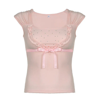 Voguable Y2K Rhinestone Frill Edge Bow T-shirt Pink Kawaii Japanese Lolita Casual Square Collar Short Sleeve Top Coquette Tees