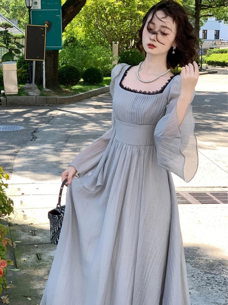 Autumn Princess Midi Dresses for Women Square Collar Flare Sleeve A-line Party Dress Slim Waist Korean One Piece Vestidos New