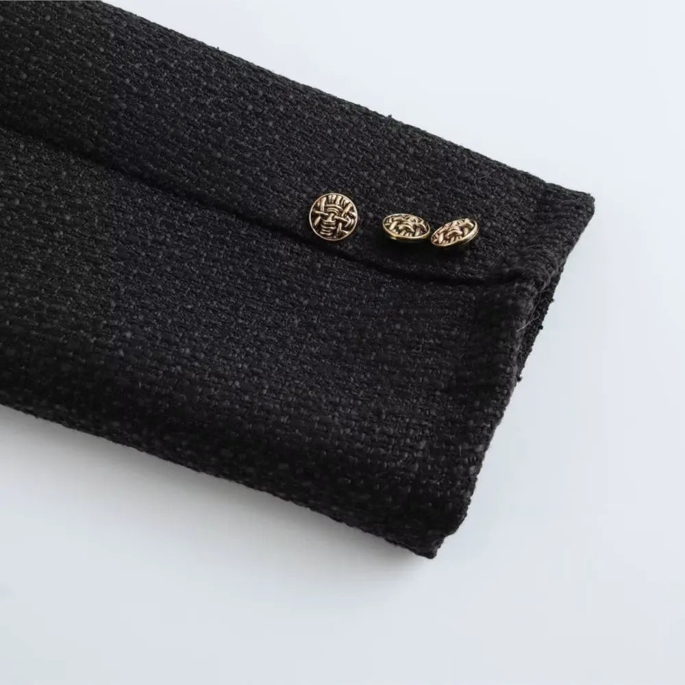 Autumn O neck Soft Woolen Black Tweed Coat Cropped Vintage Women Front Pocket Single-Breated Buttons Short Blazer Elegant Jacket