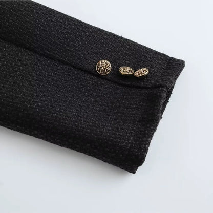 Autumn O neck Soft Woolen Black Tweed Coat Cropped Vintage Women Front Pocket Single-Breated Buttons Short Blazer Elegant Jacket