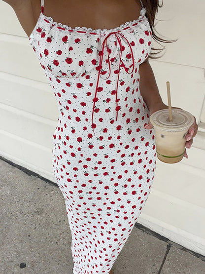 Fantoye Sexy Backless Print Floral Women Dress White Spaghetti Strap Evening Dress Female Summer Elegant Party Clubwear Vestidos