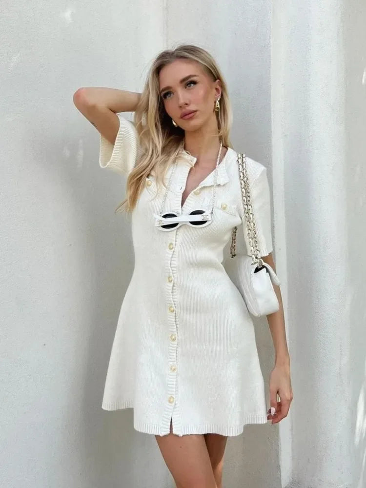 Knitted Dress for Women Streetwear Vintage Fashion Dresses Solid Slim Button Short Sleeve Mini 2024 New Spring Summer Dress