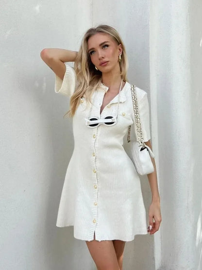 Knitted Dress for Women Streetwear Vintage Fashion Dresses Solid Slim Button Short Sleeve Mini 2024 New Spring Summer Dress