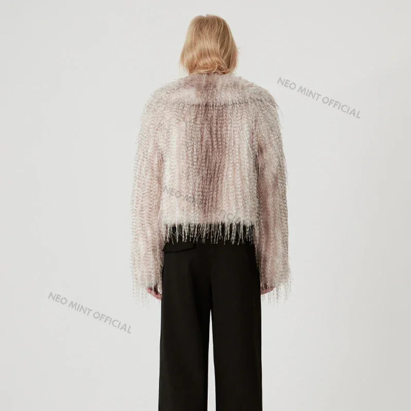 Exclusive Designer  Winter Gradient Faux Peacock Fur Coat Women Furry Tassels Fur Jackets Chic Y3k Girls Outerwears