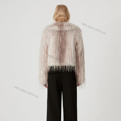 Exclusive Designer  Winter Gradient Faux Peacock Fur Coat Women Furry Tassels Fur Jackets Chic Y3k Girls Outerwears