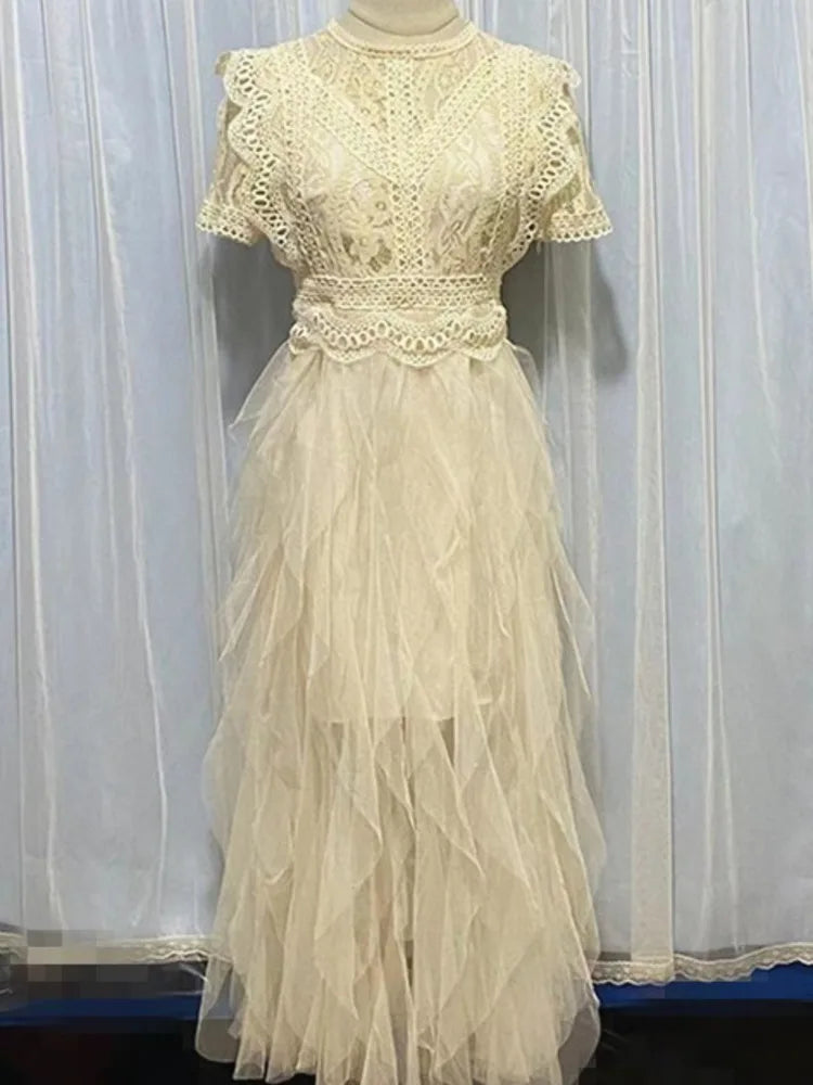 Korean Style O Neck Lace Hollow Out Patchwork Dress Elegant White Irregular Mesh Dresses Women 2025 New Spring Summer A7893