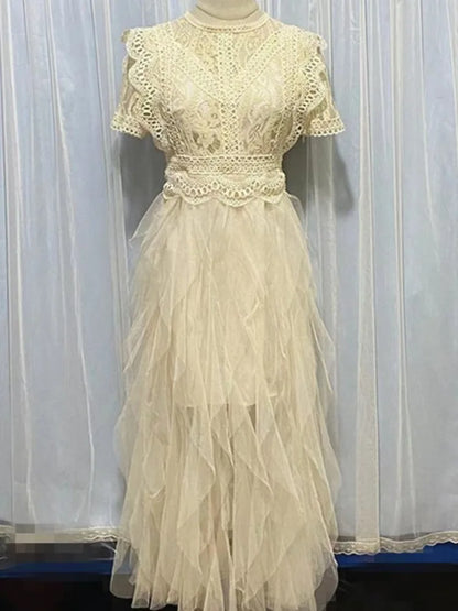 Korean Style O Neck Lace Hollow Out Patchwork Dress Elegant White Irregular Mesh Dresses Women 2025 New Spring Summer A7893