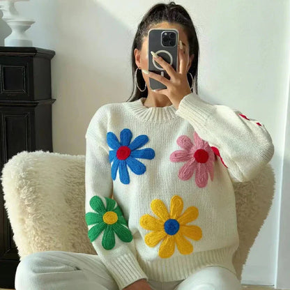 Autumn Knitted Women Sweater Sweet Flower Loose Long Sleeve O-neck Female Pullovers 2025 New Casual Loose Ladies Tops Streetwear