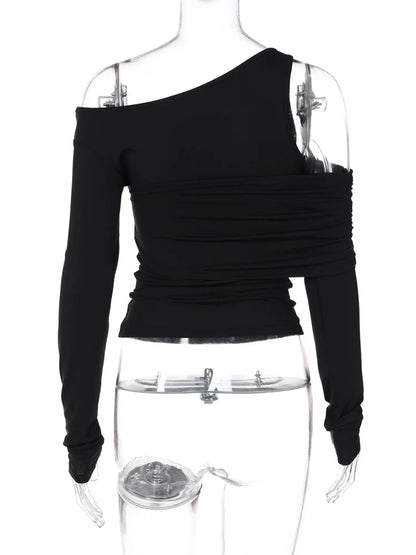 Black Off-Shoulder Long Sleeve T-shirt For Women High Waist Autumn  Slim Fashion Pullover Top Ladies Solid Y2k Tee Top