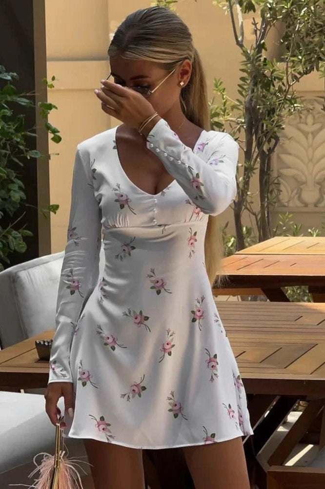 Printed Slim V-Neck Mini Dress with Long Sleeves and High Waist