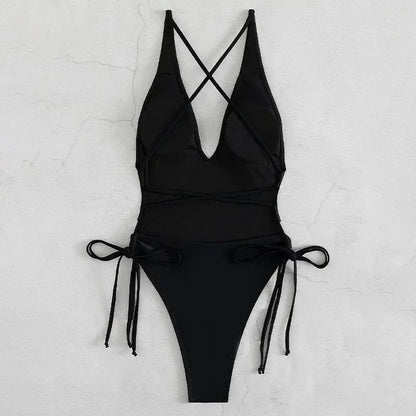 Sexy Deep V Neck One Piece Swimsuit Women Solid Yellow White Hollow Out Pleate Swimwear Beach Bandage Bathing Suit Monokini