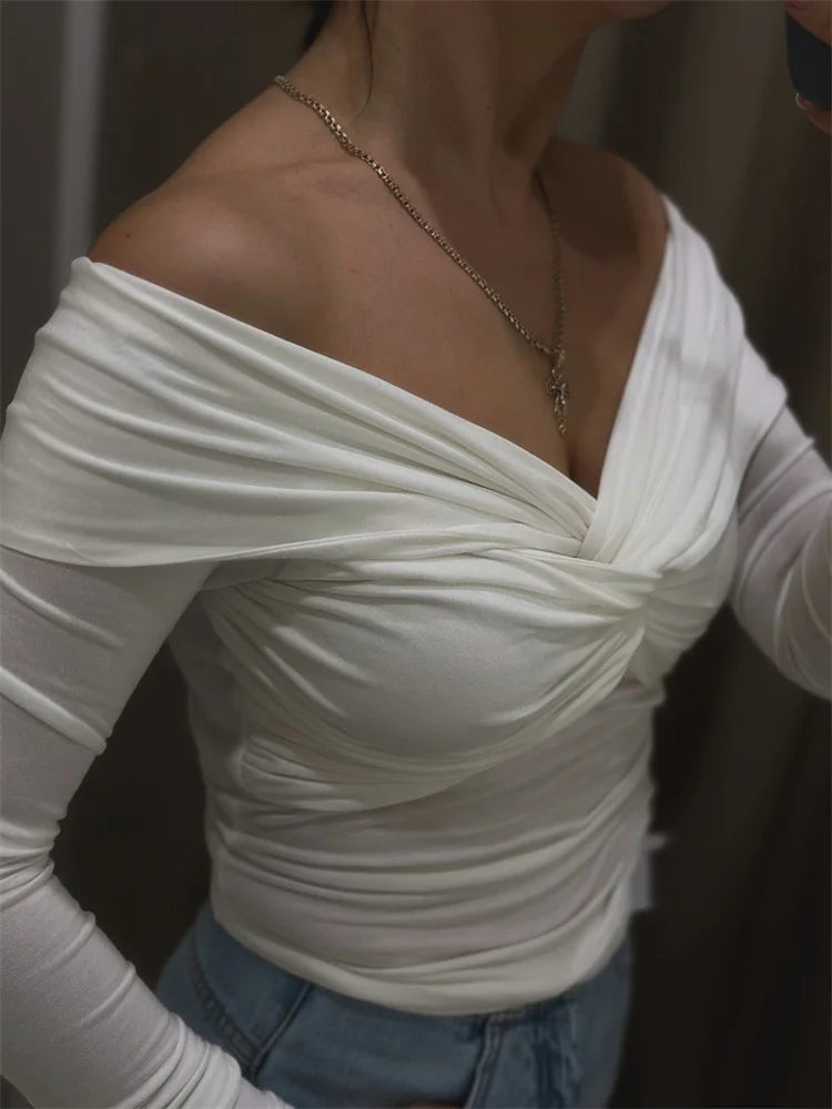 Summer Off-Shoulder Sexy T-shirt Top Women’s Pleated Long Sleeve Inner V-Neck White Slim Twist Cropped Pullover Female Tee