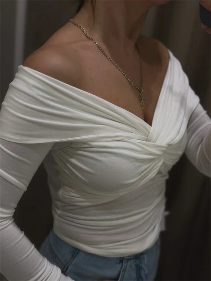 Summer Off-Shoulder Sexy T-shirt Top Women’s Pleated Long Sleeve Inner V-Neck White Slim Twist Cropped Pullover Female Tee