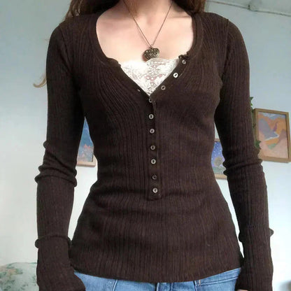 Vintage Babydoll Tops Pullovers Lady Aesthetic Coquette Knit Sweaters Outfit Square Neck Long Sleeve Knitwear Jumpers Y2k