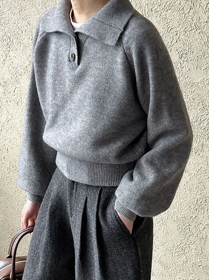 Casual Solid Knitted Lapel Sweaters Women Vintage Loose Button Long Sleeve Pullover Sweater Female Autumn Elegant Chic Base Tops
