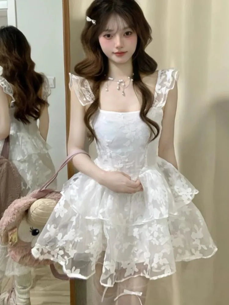 Elegant Princess Party White Dress Sleeveless Summer New Y2K Ruffles A-line Short Dresses for Women Korean One Piece Vestido