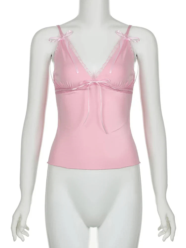 Voguable Kawaii Lace Bow Patchwork Camis Coquette Aesthetic V Neck Corset Tops Y2K Streetwear FeAesthetic Clothes