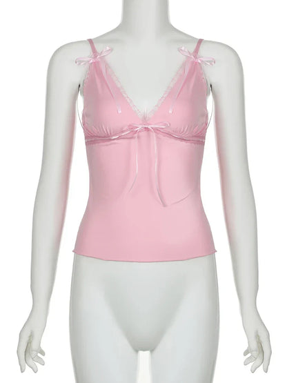 Voguable Kawaii Lace Bow Patchwork Camis Coquette Aesthetic V Neck Corset Tops Y2K Streetwear FeAesthetic Clothes