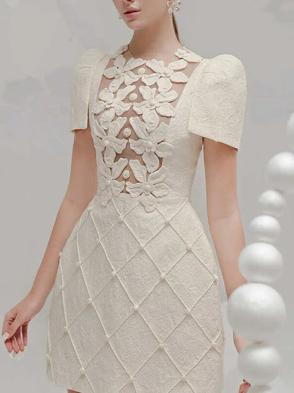 Elegant Short Dress European Style 3D Floral O Neck Hollow Nail Bead Fashion Tide Dresses For Women 2025 Spring Summer 1346