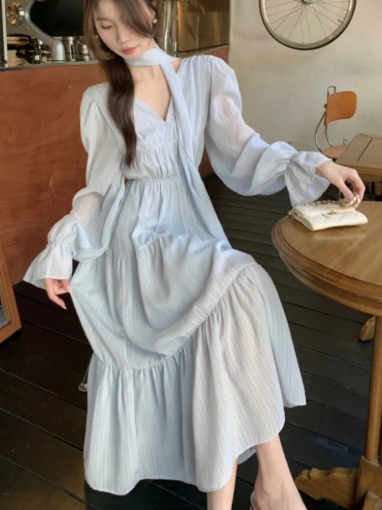 Elegant Autumn Midi Dresses for Women V-neck Flare Sleeves A-line Solid Korean Fashion Casual French Vintage Vestidos Mujer New