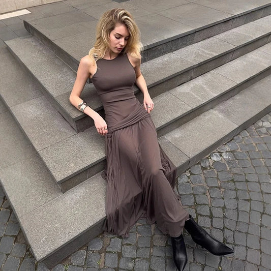 Fashion Ribbon Ruffles Slim Dress For Women Sleeveless Streetwear Long Solid Dress Autumn Lady Club Party Maxi Vest Dress