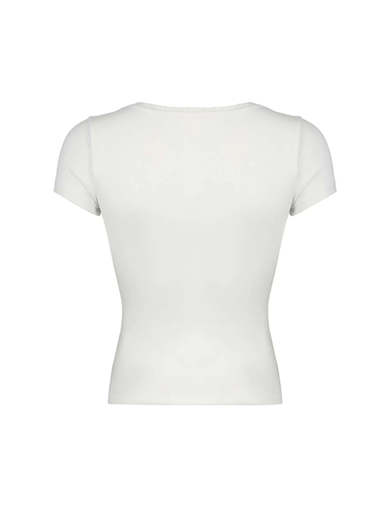 Black Solid Slim Elegant Basic Short Sleeve Tees Lace Trim Cute Y2K V Neck White T Shirts Women Summer Streetwear Tops