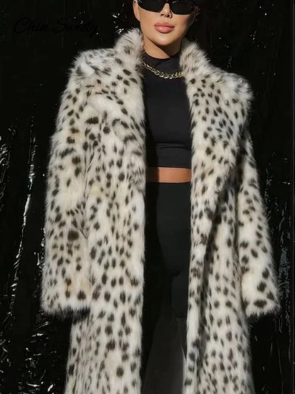 Fashion Animal Lapel Faux Fur Long Coat Women Loose Long Sleeve Pocket Lady Overcoats Autumn Winter Warm Street Thick Outwear