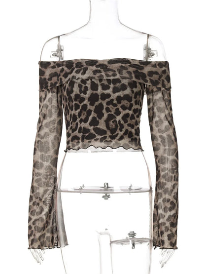 Leopard Printed Mesh T-shirt Top For Women Off-Shoulder Long Sleeve Cropped Y2k Top Pullover Contrast Female Slim Tee