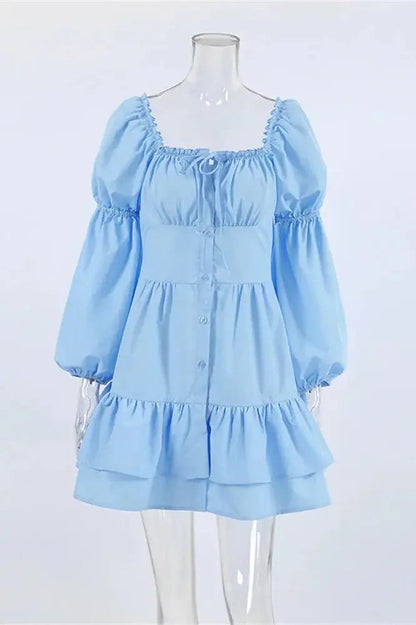 Patchwork Ruffled Mini Dress with Lace-Up Detail
