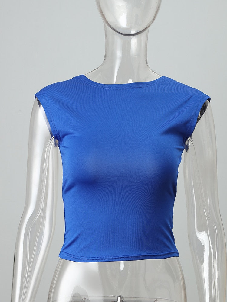 Voguable Cut Out Backless Cropped Top Woman Solid Short Sleeve Skinny Y2K Tops Multi Ways Wear Basic T-shirt