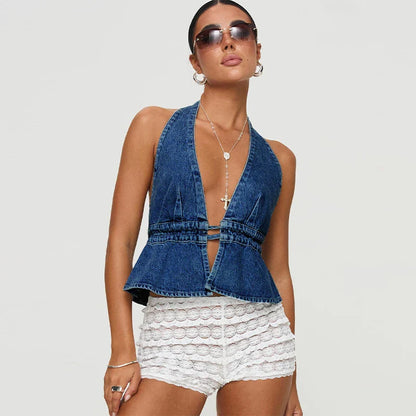 Denim Deep V-neck Backless Halter Lace-up Cami Top