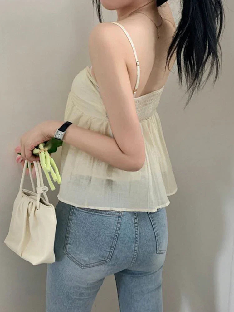 Voguable  Korean Style Sweet Fluffy Camis A-line Lace-up Double Layers Crop Top Y2K Aesthetic Tank Tops Holiday Cute Vest Women