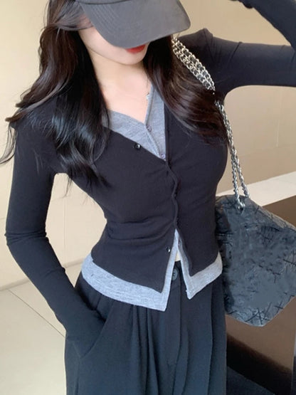 Autumn Casual Two-piece Pants Set Women Long Sleeves V-neck Single Breasted Top Wide Leg Pants Korean Fashion Outfits New