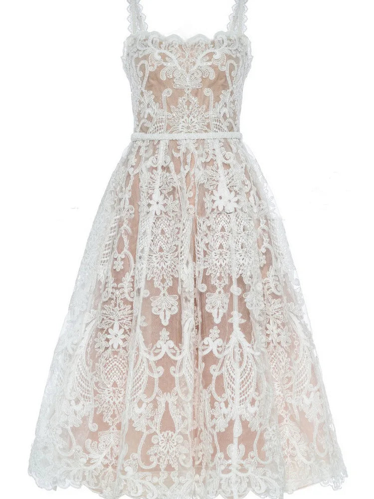 Square Neck Lace Embroidery Elegant Long Dress Fairycore Waist Sleeveless Camisole Dresses Women 2025 Spring Summer 23A8639