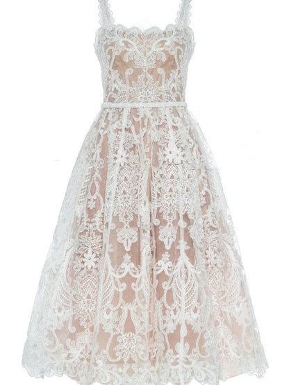 Square Neck Lace Embroidery Elegant Long Dress Fairycore Waist Sleeveless Camisole Dresses Women 2025 Spring Summer 23A8639