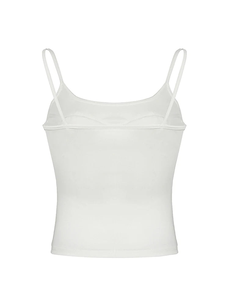 Lace Bow Patches White Basic Cute Y2K Camisole Sleeveless Slim Women Crop Top Simple Casual Tank Vest
