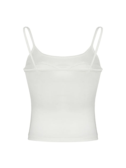 Lace Bow Patches White Basic Cute Y2K Camisole Sleeveless Slim Women Crop Top Simple Casual Tank Vest