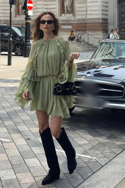 Elegant O-Neck Long Sleeve Mini Dress