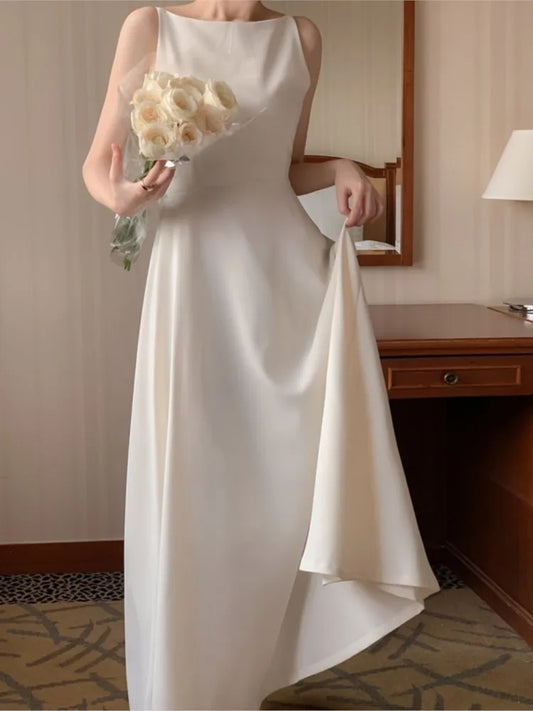 Elegant Solid Long Dresses for Women Wedding Evening Party Dress Sleeveless Casual A-line Summer Korean One Piece Vestido Mujer