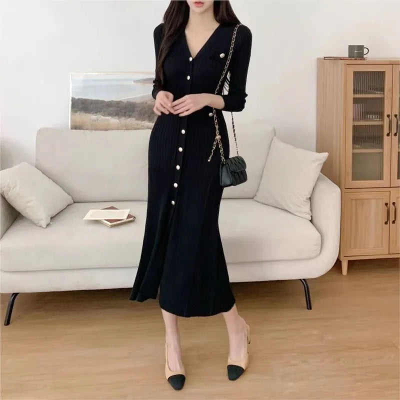 Korean Chic Knitted Dresses for Women V-neck Long Sleeve Slim Bodycon Ruffles Party Dress Casual Autumn Winter New Vestidos