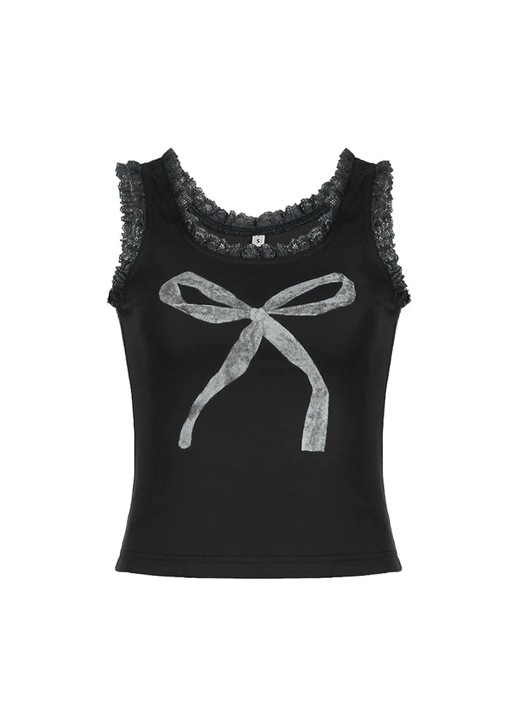 Lace Trim Bow Print Sleeveless Slim Square Collar Y2K Crop Top Women Basic Cute Tank Vest