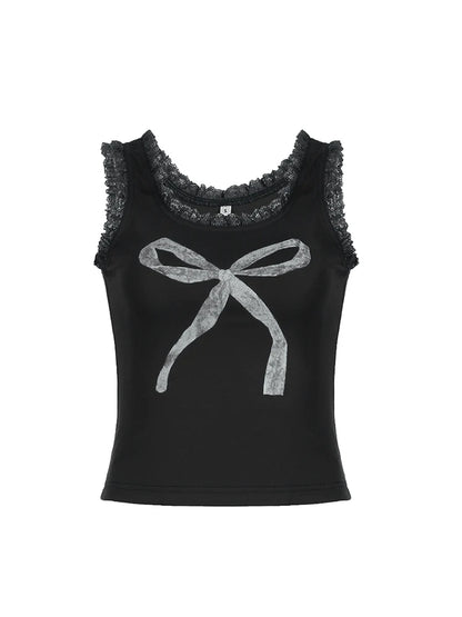 Lace Trim Bow Print Sleeveless Slim Square Collar Y2K Crop Top Women Basic Cute Tank Vest