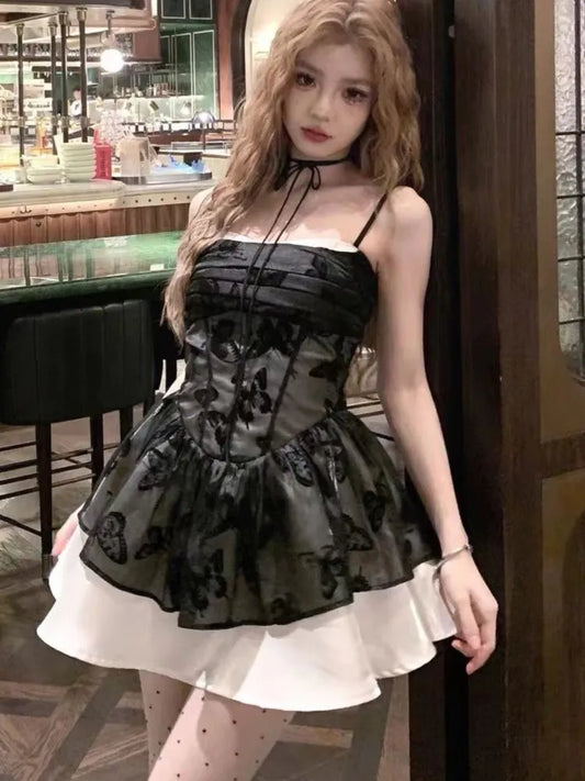 Y2K Spaghetti Strap Lace Patchwork Ruffles A-line Short Dresses for Women Summer Party Dress Korean Fashion One Piece Vestido