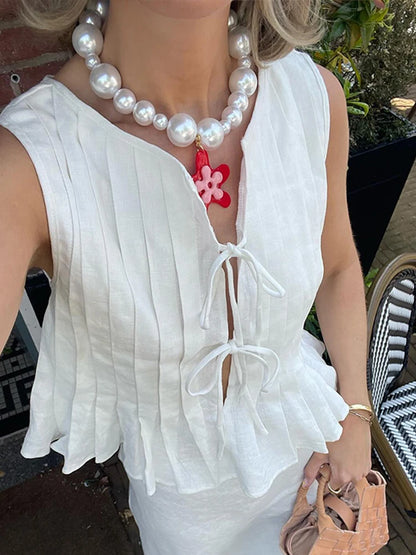 Elegant White Lace Up Tops For Women Pleated O-neck Sleeveless Ruffles Tank  Summer New Chic Lady Party Vacation Vest