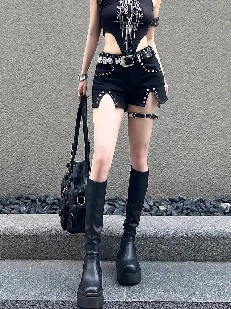 Low-Rise Rivet Denim Shorts