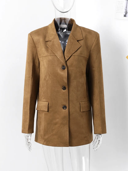 Women Suede Jackets Loose Lapel Single Breasted Long Sleeves Pockets Blazer Coats Female  Autumn Fashion New in Outwear